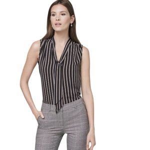 NEW White House Black Market Black & Ecru Ball-Chain Tie-Neck Stripe Shell